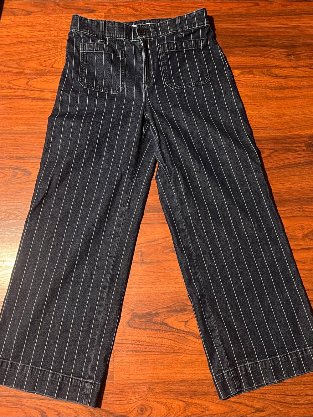 Wide Leg Pinstripe Denim Pants - Dark blue with White Stripes